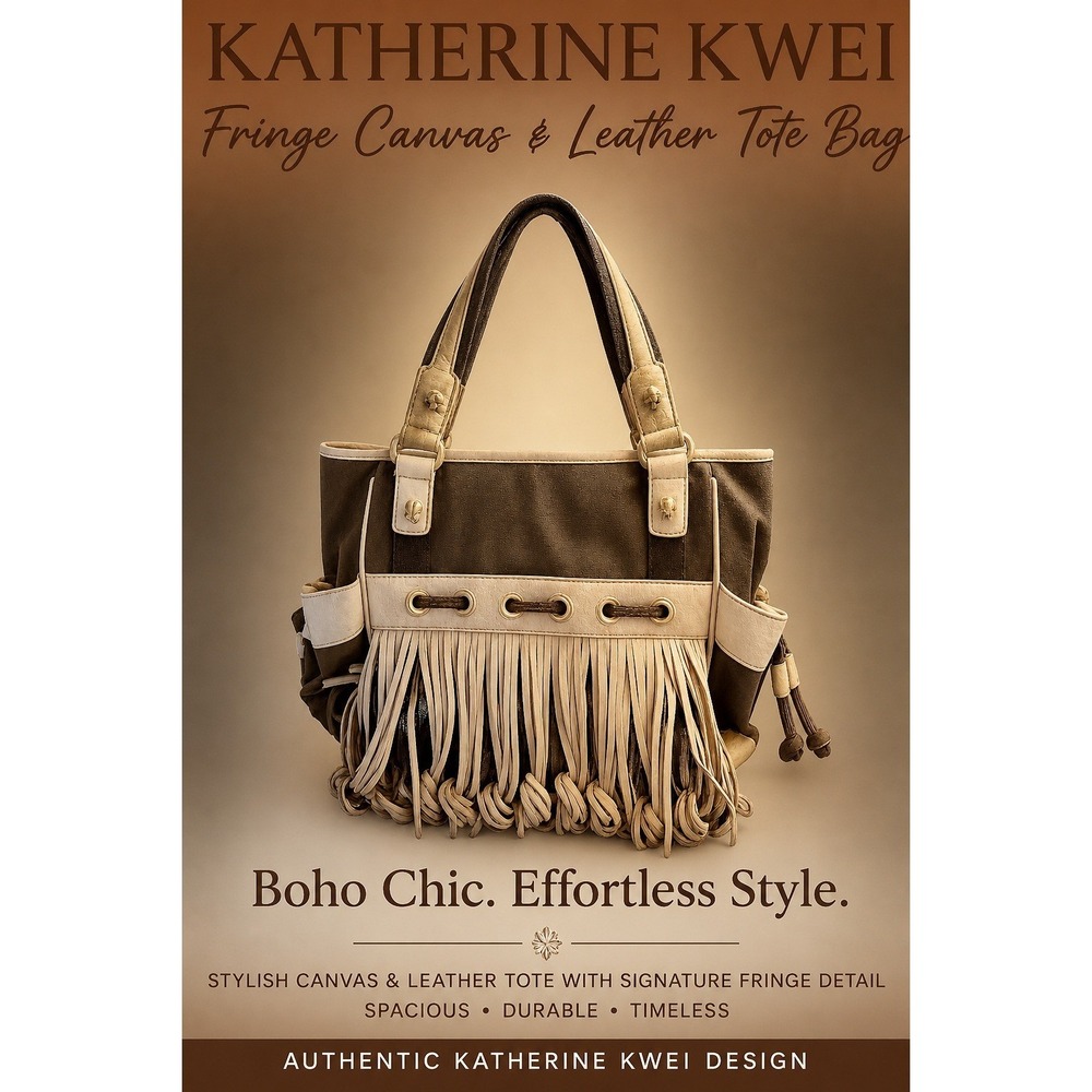 Katherine Kwei Olive Canvas‎ Leather Fringe Tote Bag Boho Knotted Shoulder Purse - Picture 2 of 10